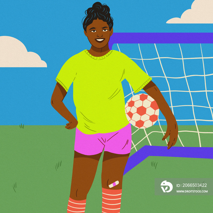 child with ball at soccer field with green shirt blue background