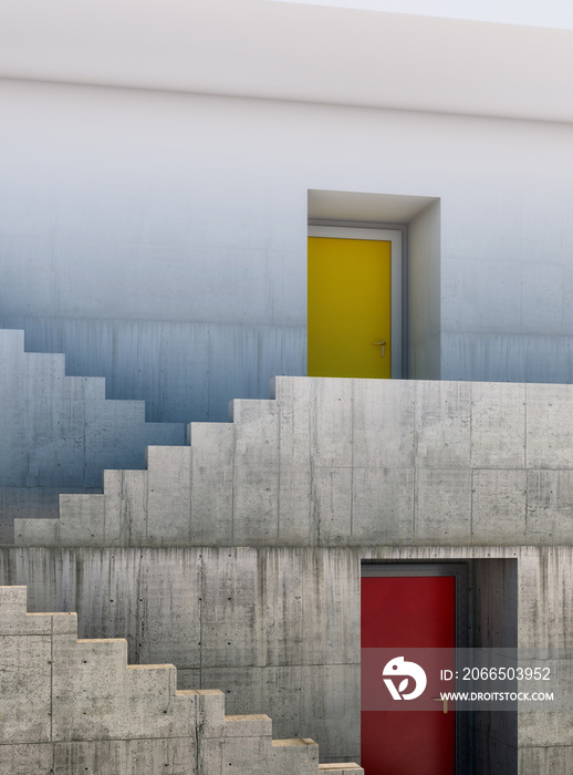 Clean and dirty. Building with red and yellow doors. 3D Rendering