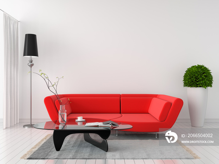 白色室内红色现代沙发，3D渲染