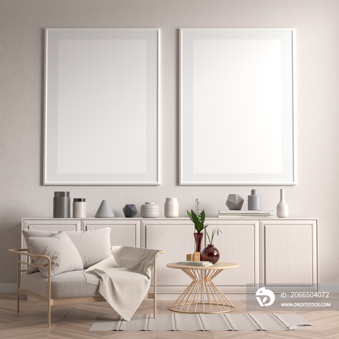 Mock up poster frame in Scandinavian style interior with modern furnitures. Minimalist interior desi