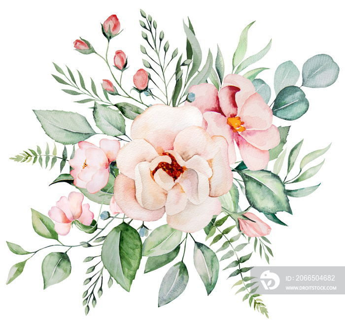 水彩画淡粉色花朵和绿叶花束插图