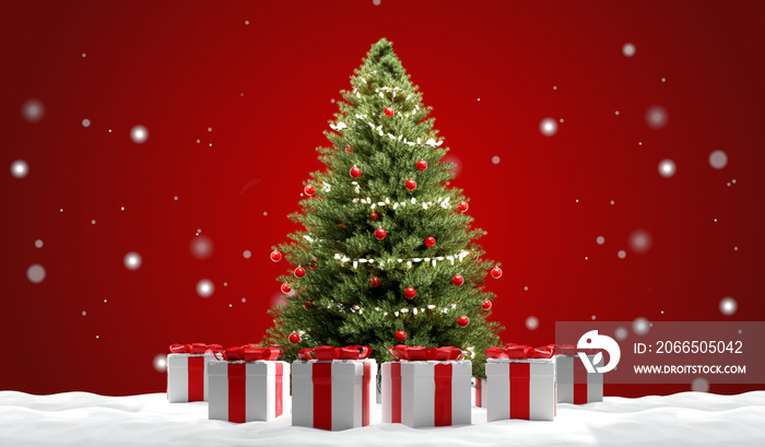 Christmas tree fir with baubles next to christmas presents with snowflakes 3d-illustration