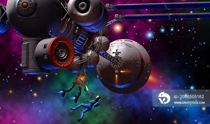 astronaut fighting against a robot, near a big cargo spaceship, 3d illustration