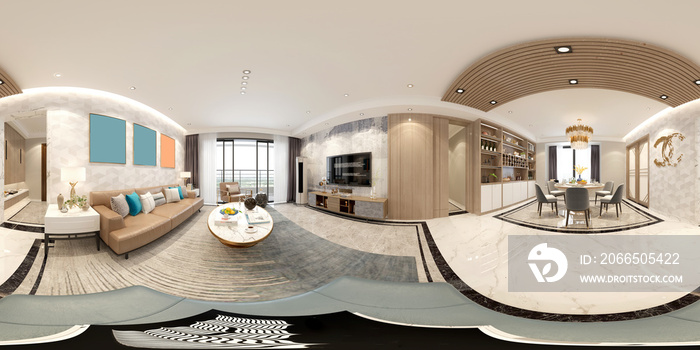 360度家居客厅和餐厅，3d渲染