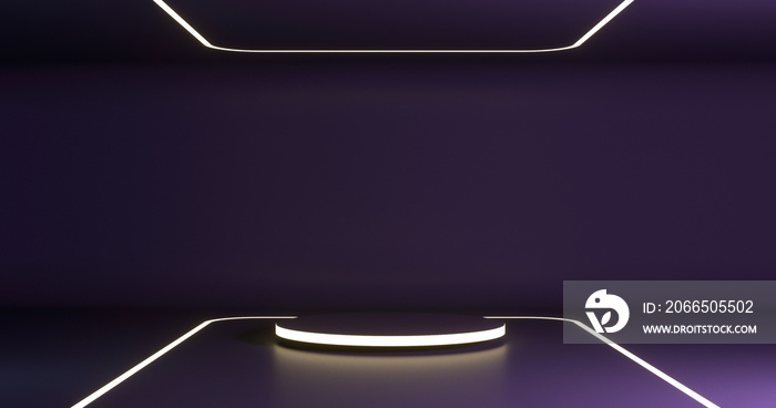 未来主义的深紫色空旷场景，讲台和霓虹灯照亮的线条展示您的产品。3d re