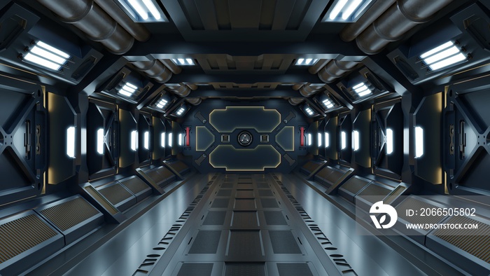 Science background fiction interior rendering sci-fi spaceship corridors Yellow light.