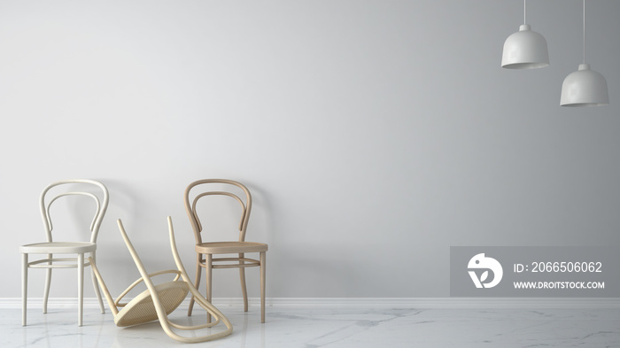 极简主义建筑师-设计师概念，三把经典的木椅，一把椅子在whi上翻转