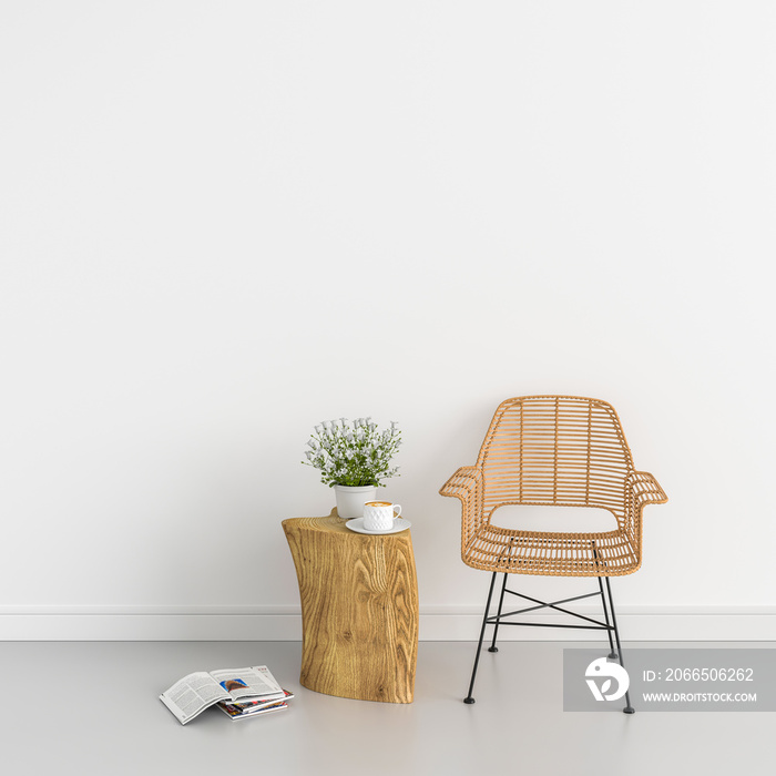 用于实体模型、3D渲染的白色房间中的木椅和花
