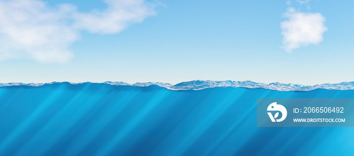 海洋的水面和水下视图。文本空间。