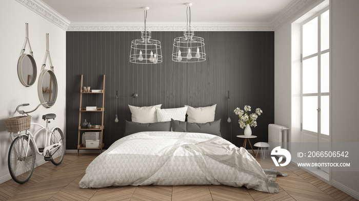 斯堪的纳维亚极简主义卧室，带大窗户和人字形镶木地板，白色和灰色内饰