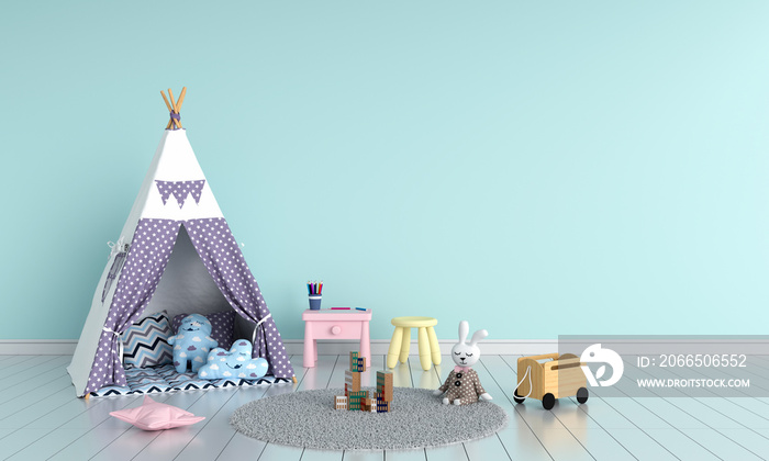 Teepee in child room interior for mockup, 3D rendering