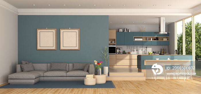 Blue living room with kitchen on background