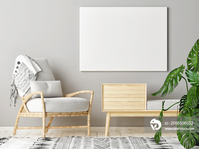 Mock up poster in Scandinavian Living Room with decoration, 3d render, 3d illustration
