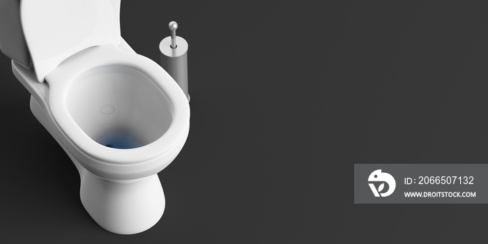 White toilet bowl on black background, copy space. 3d illustration