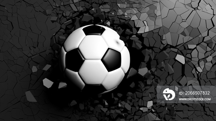 足球强行突破黑墙。三维插图。