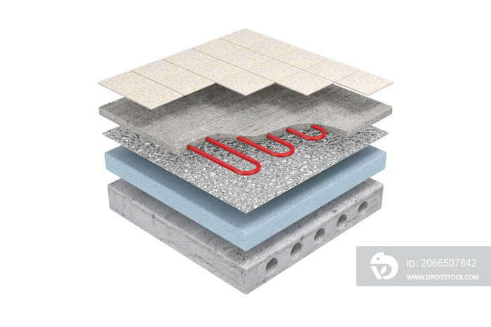 Layers of Floor Heating System Partly Under Ceramic Tiles. 3d Rendering