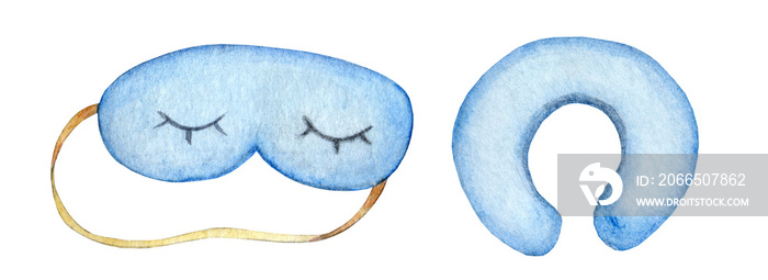 Sleep travel watercolor illustration set. Sleeping mask and plane neck pillow. Travelling, voyage