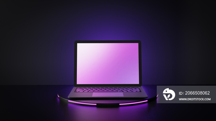 Laptop computer with blank purple screen placed on circle stand and blue lighting background. 3D ill