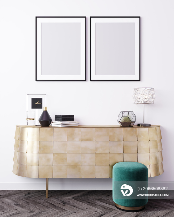 mockup poster frame in modern interior background, Scandinavian style, 3D rendering, 3D illustration
