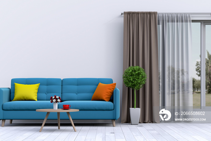 Living room interior in modern style, 3d render with sofa and decorations.