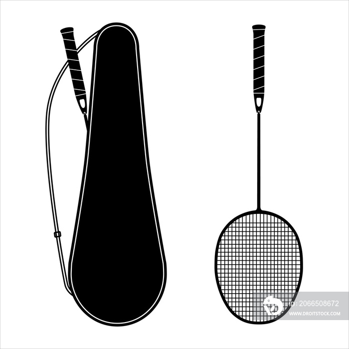 Set of badminton equipment. Badminton racket, badminton racket cover, badminton case. Flat  illustra