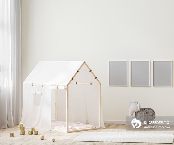 frame mock up in children room interior background with tent and toys, 3d rendering