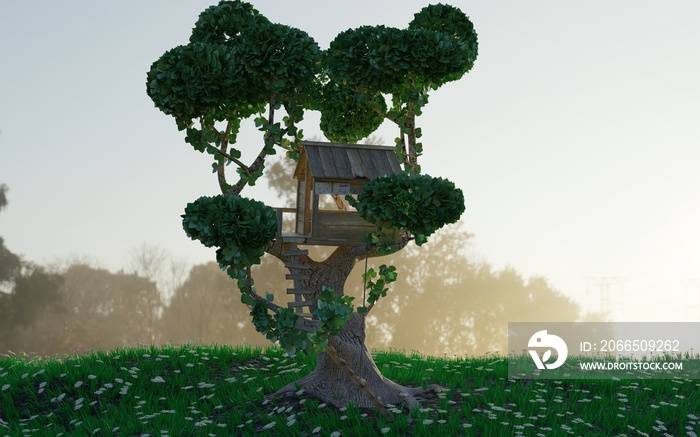 Illustration. A treehouse for children on a green lawn on a light background with a forest in the di