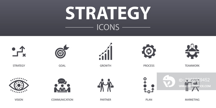 策略简单概念图标集。包含目标、成长、过程、团队合作等图标。