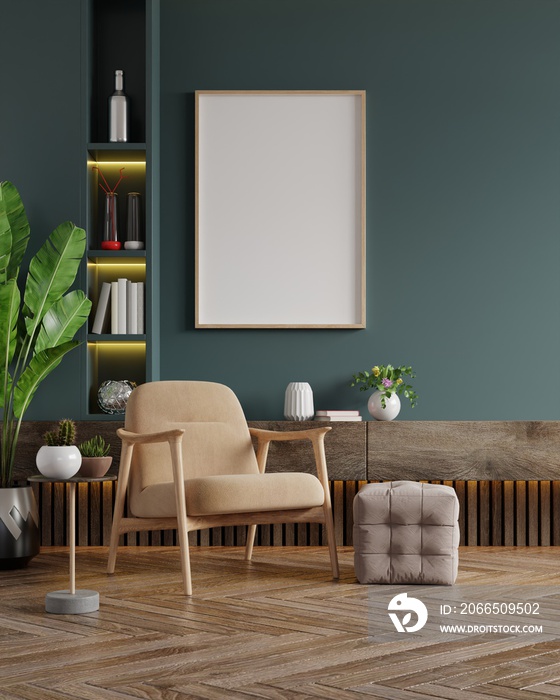 Poster mockup with vertical frames on empty dark green wall in living room interior with velvet armc