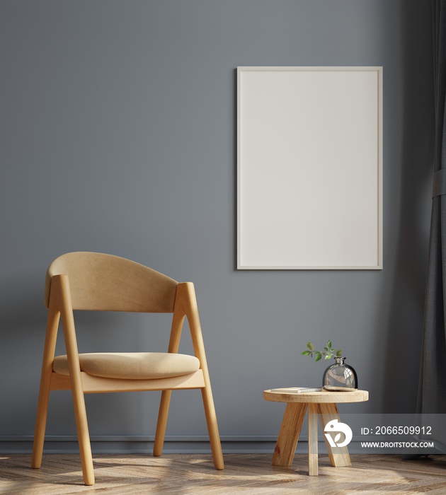 Poster mockup with vertical frames on empty dark wall in living room interior with velvet armchair.