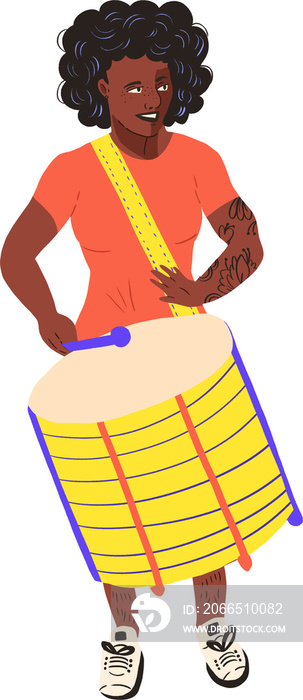 woman playing drum black hair orange shirt transparent background