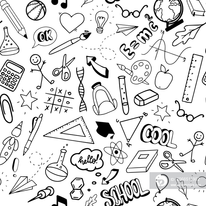 school theme seamless pattern created from hand drawn doodles on white background