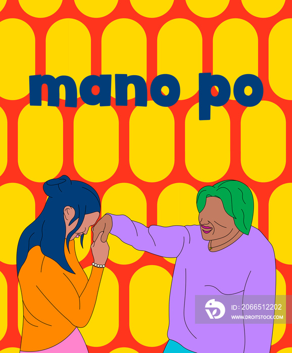 Lola/ grandma giving a Filipino blessing (mano po) to a girl with text on a red and yellow patterned