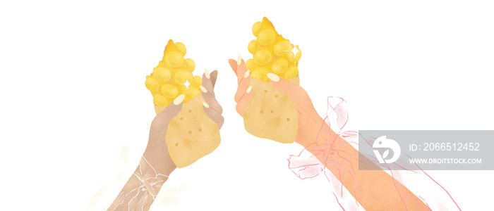 two women doing egg waffles cheers on transparent background