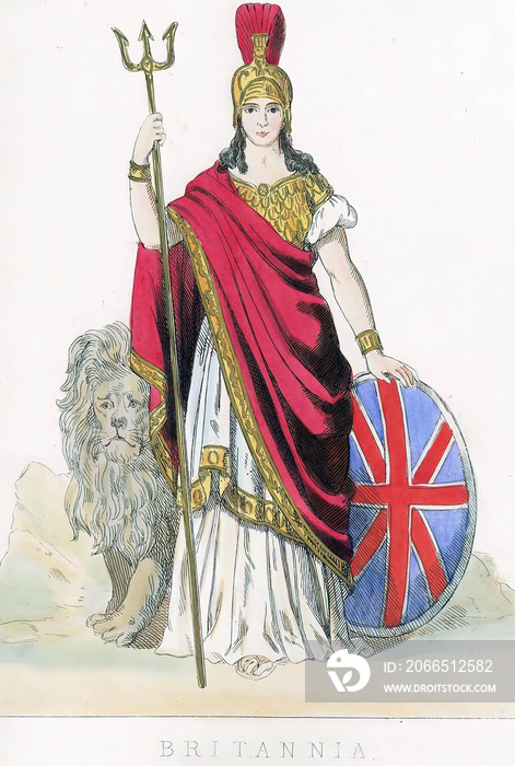 Vertical shot of the 19th-century vintage theatrical costume drawing of Britannia