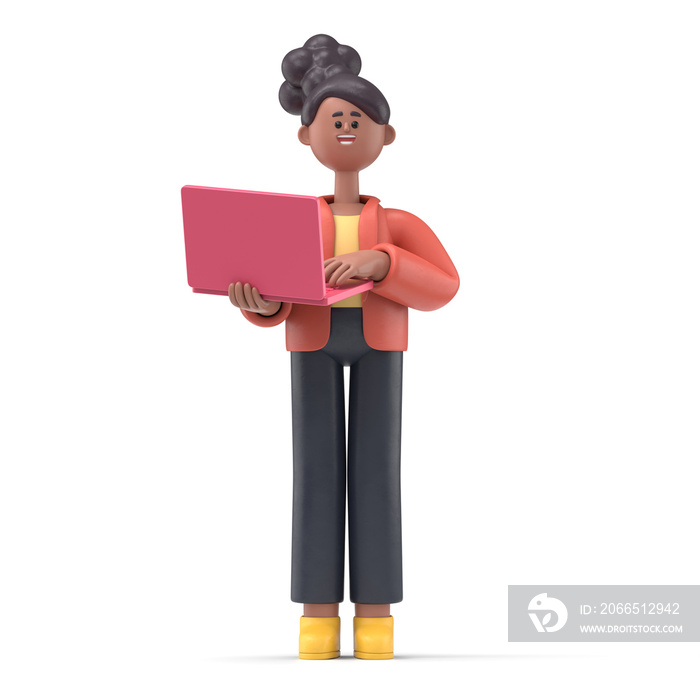 3D illustration of a smiling african american woman Coco with ok gesture showing business charts at 