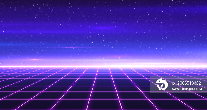 Retro Sci-Fi Background Futuristic Grid landscape of the 80`s. Digital Cyber Surface. Suitable for d