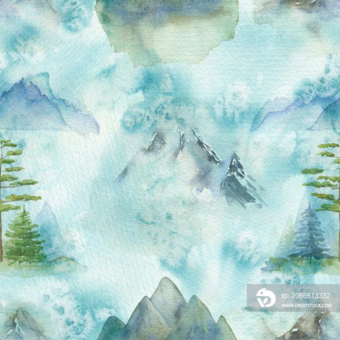 Mountain seamless pattern. Watercolor fog hills. Mist fores