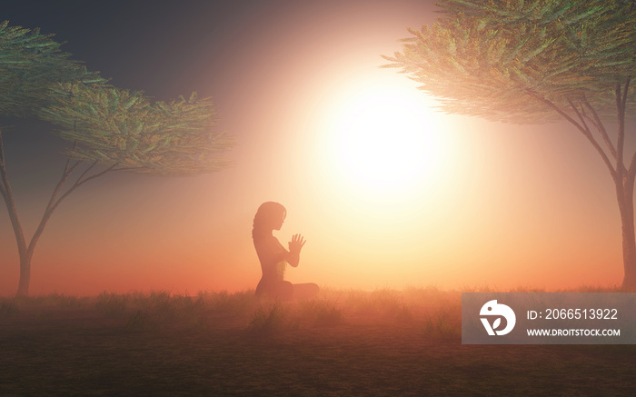 3D female in yoga pose in sunset landscape