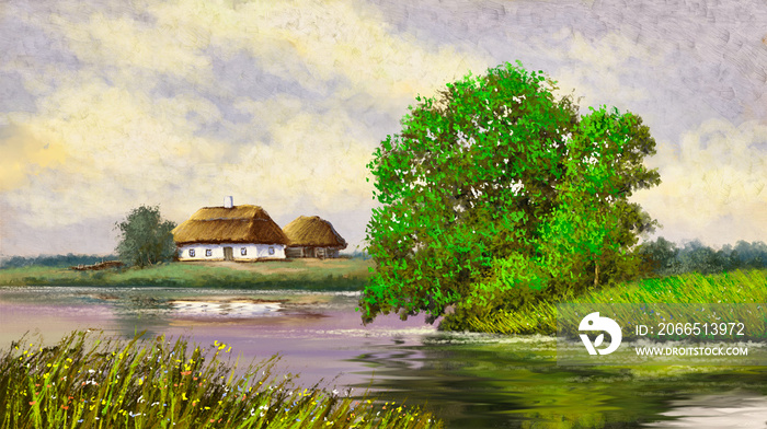 Oil paintings rural landscape, house on the river. Fine art