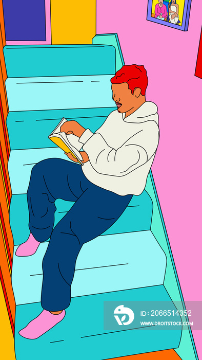 Boy with curly hair sitting on the stairs reading a book