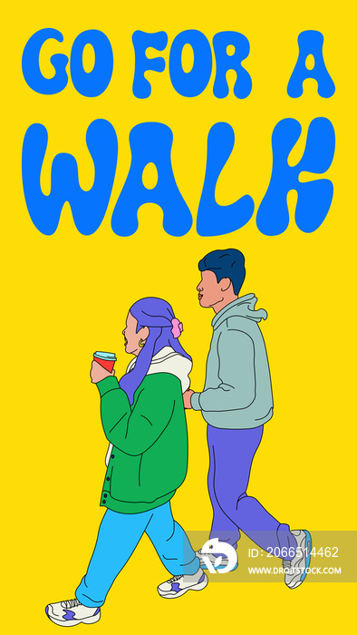 Go for a walk phrase with boy and girl walking (yellow background)