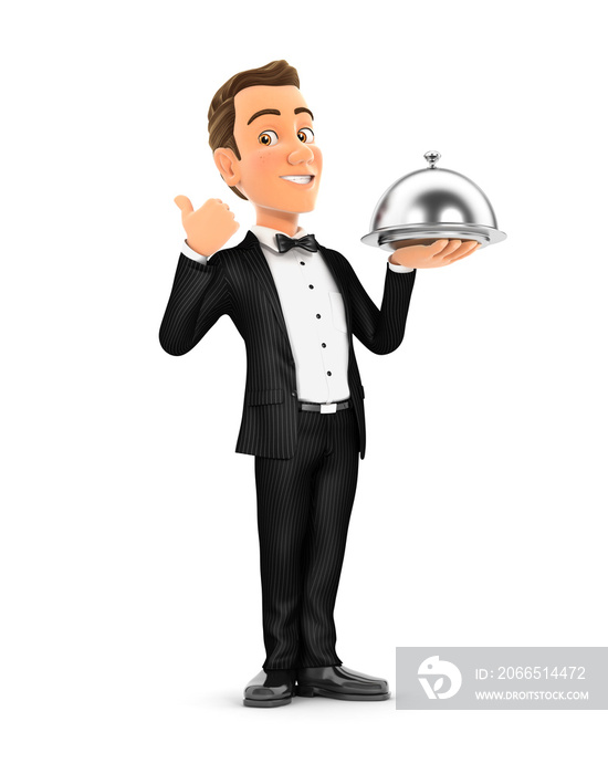 3d waiter standing with restaurant cloche and thumb up