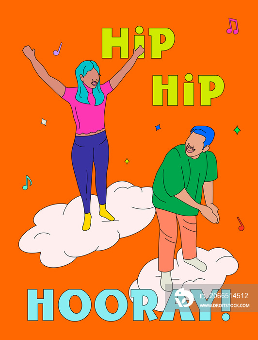 Greeting card style illustration of two people playing Filipino game, hip hip hooray, with music not