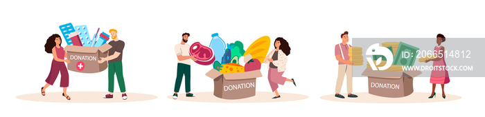 人们捐款、药品、产品、关注、食物、衣服。慈善、支持和捐赠联合