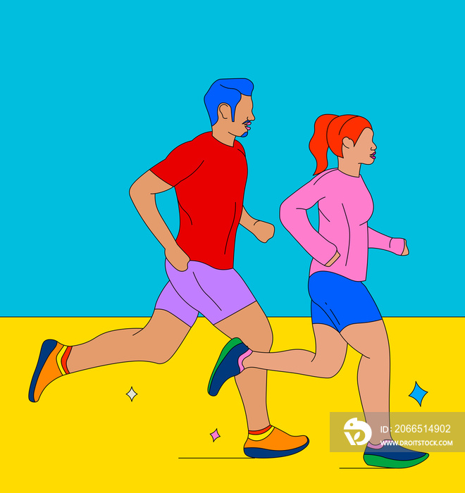 Girl and boy running together on a two-tone background (3)