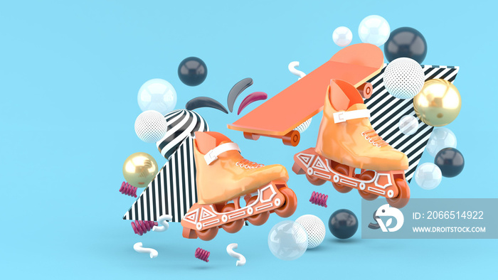 橙色sroller溜冰鞋和橙色滑板，蓝色背景下的彩色球。-3d渲染。