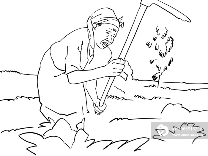 An Illustration of a woman cultivating crops with a hoe