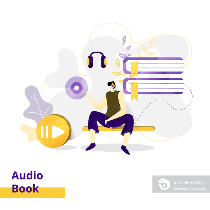 Landing page Illustration Audio book. the concept of men learning through audio, can be used for web