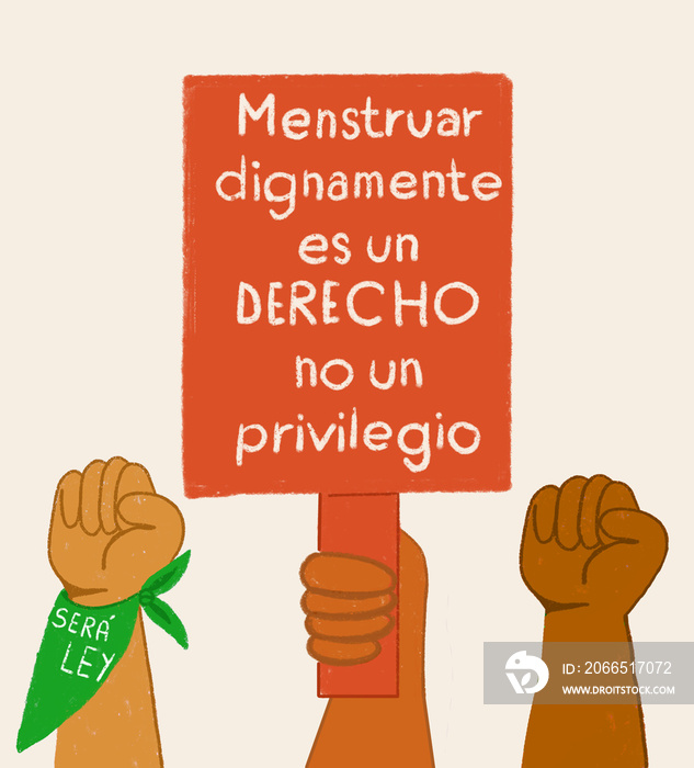 Manos con carteles por los derechos menstruales y pañuelo verde